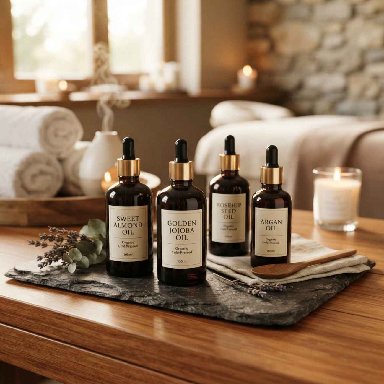 Luxury spa cold-pressed carrier oils and amber dropper bottles