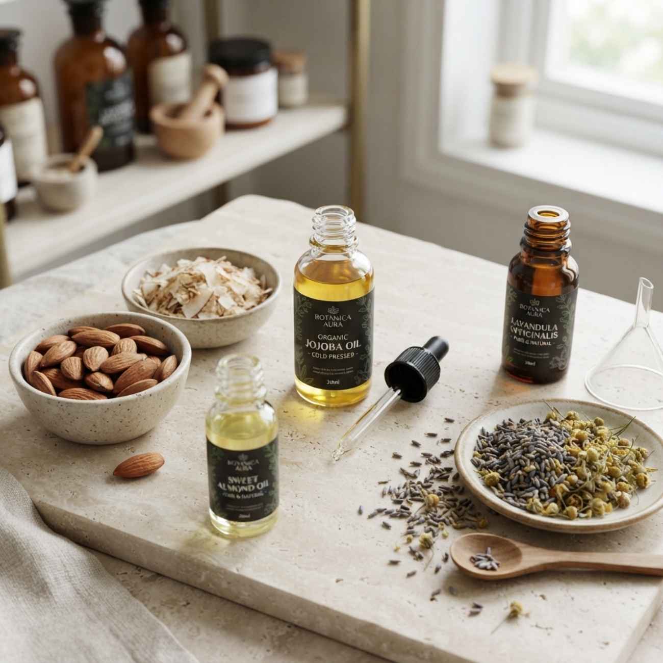 Organic botanical carrier oils sweet almond jojoba and dried lavender chamomile