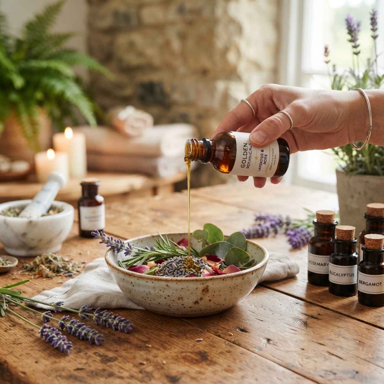 Pouring pure golden botanical essential oil into ceramic bowl with lavender